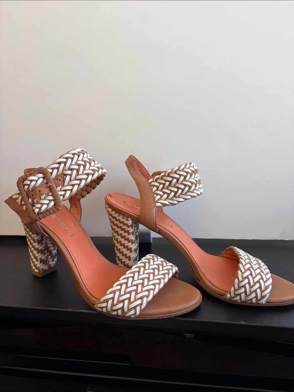 Via Spiga White and Tan Woven Block Heel Sandals